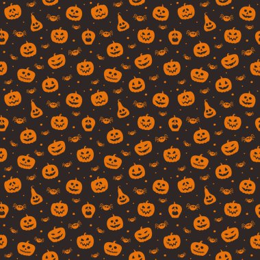 Komik balkabağı fenerleri ve örümceklerle Cadılar Bayramı deseni. Vektör