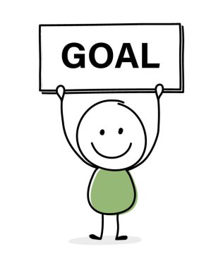 Tahtada mesajı olan mutlu bir satıcı. Gol. Vektör