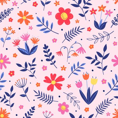 Çiçeksiz desen. Renkli elle çizilmiş çiçek ve yapraklarla bahar arkaplanı. Vektör illüstrasyonu