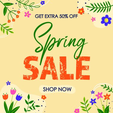 Bahar indirimi. Çiçek arkaplan. Renkli elle çizilmiş çiçek ve yapraklarla bahar süslemesi. Vektör illüstrasyonu