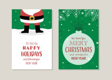 Gülümseyen Noel Baba 'yla süslü Noel tebrik kartları. Vektör illüstrasyonu 