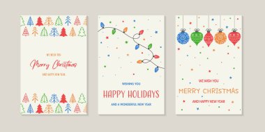 Noel tebrik kartları. El çizilmiş kartların koleksiyonu. Vektör illüstrasyonu
