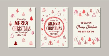 Ağaçlı süslü Noel tebrik kartları. Vektör illüstrasyonu 