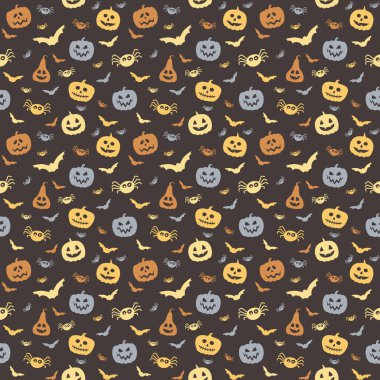 Kabaklı, yarasalı ve örümcekli ürkütücü Cadılar Bayramı duvar kâğıdı. Kusursuz desen. Vektör