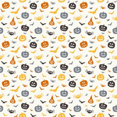 Balkabakları, yarasalar ve örümceklerle komik Cadılar Bayramı dokusu. Kusursuz desen. Vektör