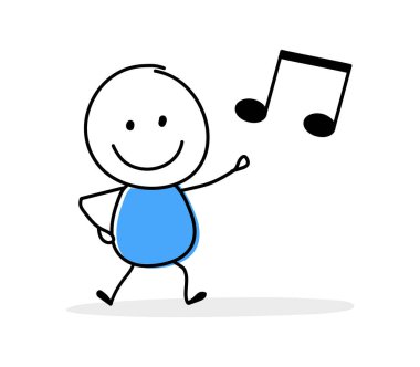 Komik karikatür stickman müzik notaları simgesi tutuyor. Bir iş sunumu için el yapımı tasarım. Vektör illüstrasyonu