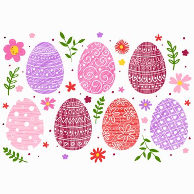 Paskalya arkaplanı elle boyanmış. Süslü yumurta ve çiçeklerle süslenmiş bir poster tasarımı. Vektör illüstrasyonu