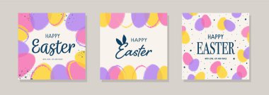 Paskalya yumurtaları ile renkli bir arka plan. Arkaplan tasarımı. Modern tebrik kartı koleksiyonu kavramı. Vektör illüstrasyonu