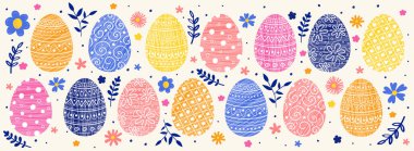 Renkli Paskalya bayrağı. Yumurta süslemeli ve çiçekli panoramik başlık kavramı. Vektör illüstrasyonu