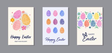Paskalya yumurtaları ve çiçeklerle dolu renkli bir arka plan. Bir tebrik kartı seti. Arkaplan tasarımı. Vektör illüstrasyonu