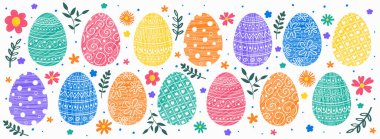 Süslü Paskalya tasarımı. Boyanmış yumurta ve çiçekli pankart. Panoramik başlık. Vektör illüstrasyonu