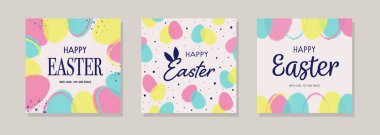 Renkli Paskalya tebrik kartları. Renkli yumurtalarla soyut bir arkaplan kavramı. Vektör illüstrasyonu