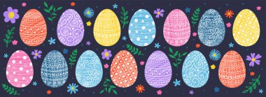 Renkli Paskalya arkaplanı. Yumurta ve çiçekli bir pankartın tasarımı. Panoramik başlık. Vektör illüstrasyonu