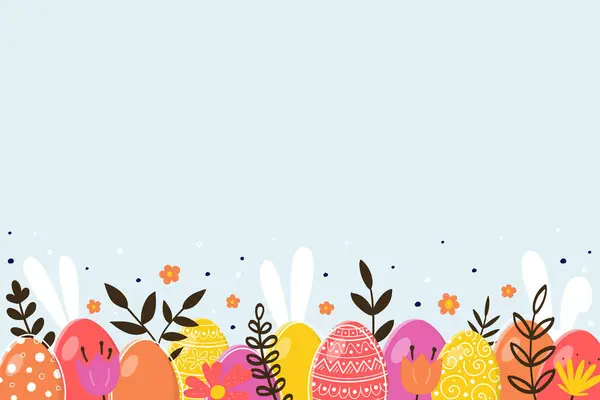 Handgezeichneter Osterhintergrund Mit Hasen Eiern Und Blumen Layout Einer Karte — Stockvektor