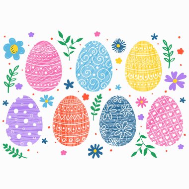 Paskalya yumurtaları ve çiçeklerle dolu renkli bir arka plan. Poster kavramı. Arkaplan tasarımı. Vektör illüstrasyonu