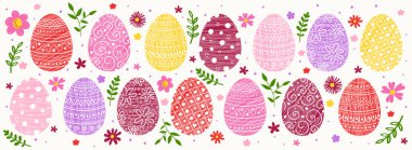 Renkli Paskalya bayrağı. Yumurta süslemeli ve çiçekli panoramik başlık kavramı. Vektör illüstrasyonu