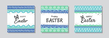 Mutlu Paskalya kartları seti. Boyalı yumurta tasarımlı bir arka plan. Vektör illüstrasyonu