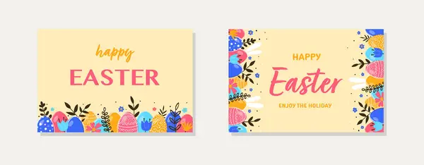 Trendige Ostergrußkarten Kollektion Entwurf Eines Hintergrundes Mit Eiern Hasen Und — Stockvektor