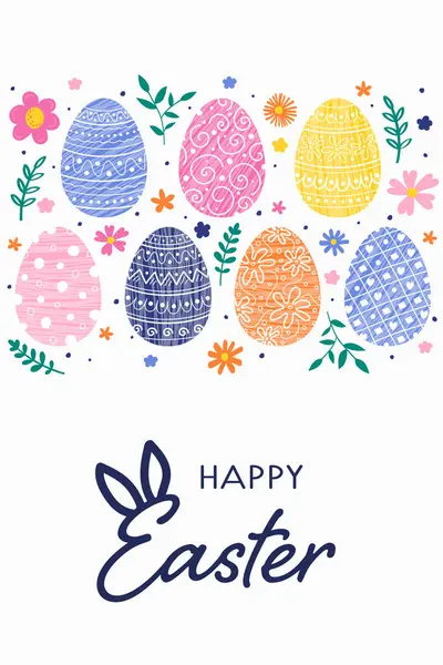 Feliz Pascua Tarjeta Felicitación Con Decoraciones Fondo Con Huevos Pintados Vector De Stock