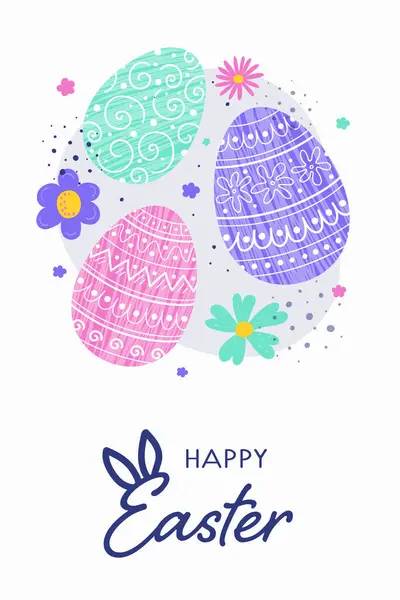 Ostergrußkarte Vorhanden Hintergrund Mit Bemalten Eiern Und Blumen Vektorillustration Stockillustration