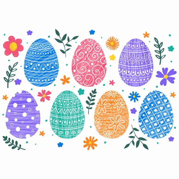 Osterplakat Hintergrund Mit Handbemalten Eiern Und Blumen Vektorillustration Vektorgrafiken