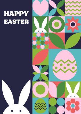 Geometrik tarzda Paskalya tebrik kartı. Tavşan, yumurta ve çiçekli mozaik arka plan. Soyut tasarım. Vektör illüstrasyonu