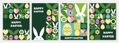 Geometrik Paskalya tebrik kartı. Tavşan, yumurta ve çiçekli soyut bir arkaplan. Vektör illüstrasyonu