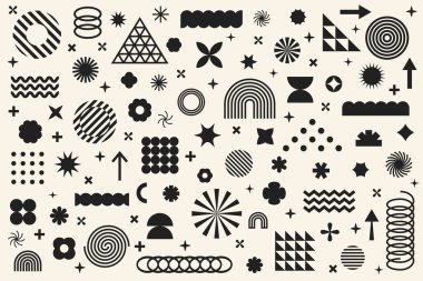 Geometrik grafik elementlerin toplanması. Vahşice soyut şekiller. Retro tasarım. Vektör illüstrasyonu