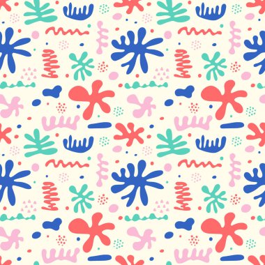 Soyut organik şekilli kusursuz bir desen. El çizimi elementlerle dolu bir arka plan. Moda kumaş konsepti. Vektör illüstrasyonu