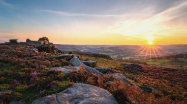 Surprise View, Peak District, İngiltere - 2023: Peak District 'te güneşli bir Eylül öğleden sonra güneş batarken kayalıklar arasında mor funda çiçek açtı