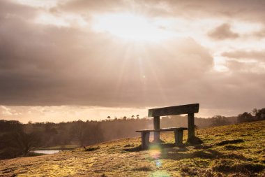 Wooden park bench illuminated by a ray of sunshine piercing dark clouds clipart