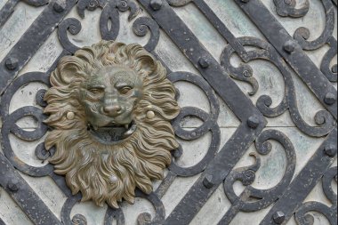 Ayrıntılı bir antika aslan başlı kapı tokmağı karmaşık bir yele tasarımı, yıpranmış bir yüzeye monte edilmiş..