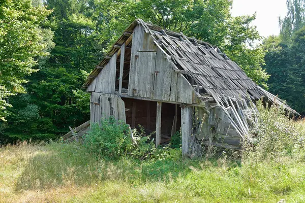 Brasov, Romanya - Ağustos 2019: Eski, eğik bir ahşap çoban kulübesi, önemli bir bakım ve hava durumu gösteriyor.