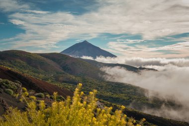 Tenerife 'deki Teide Dağı' nın üstünde bulut tepesi bulutların üstünde yükselen volkanik zirvesiyle parçalı bulutlu mavi gökyüzünün altında.