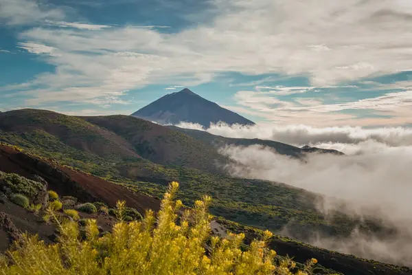 Tenerife 'deki Teide Dağı' nın üstünde bulut tepesi bulutların üstünde yükselen volkanik zirvesiyle parçalı bulutlu mavi gökyüzünün altında.