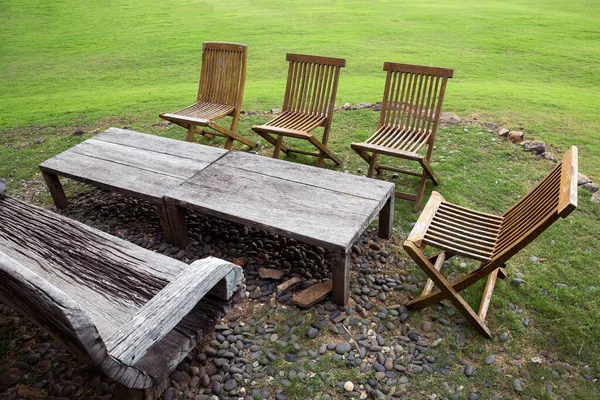 Wooden Table Set Lawn — Stock Photo, Image