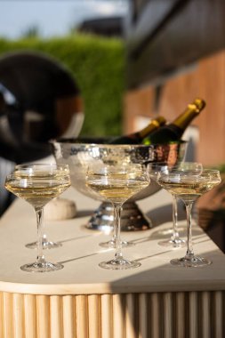 Buz kovası ve sıcak güneş ışığını yansıtan şampanya şişeleriyle mermer bir masa üzerinde zarif şampanya kadehleri.