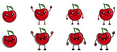 Şirin kawaii tarzı kiraz meyvesi ikonu, büyük gözler, ağzı açık gülümsüyor. Eller havada, aşağı ve el sallayan versiyonu