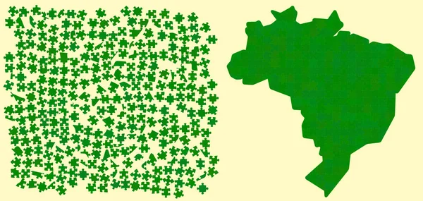 ブラジル地図は異なる色合いで作られた緑 ナショナルカラー ジグソーパズルピース 308散乱ブロックと完成版 — ストックベクタ