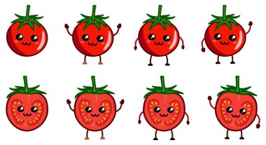 Şirin kawaii tarzı domates ikonu, gülümsüyor. Eller havada, aşağı ve el sallayan versiyonu