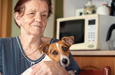 Yaşlı yaşlı kadın mutfakta Jack Russell teriyer köpeğiyle poz veriyor, yüz ifadesine odaklan.