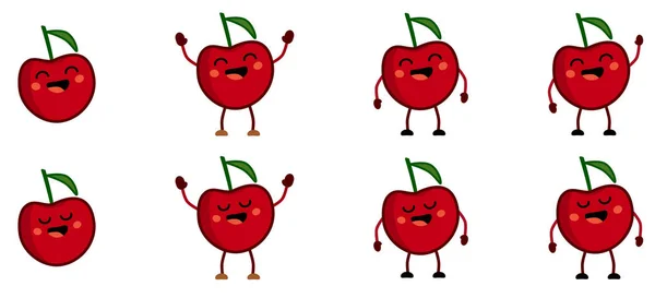 可爱的卡瓦风格的红色樱桃水果图标 眼睛闭上 微笑着 手举高 挥手的版本 — 图库矢量图片