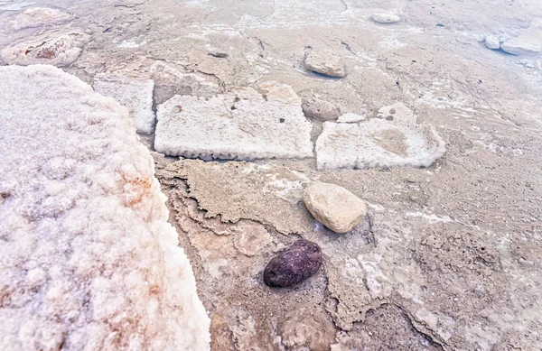Sand Stones Covered Crystalline Salt Crust Shore Dead Sea Typical — Stock Photo, Image