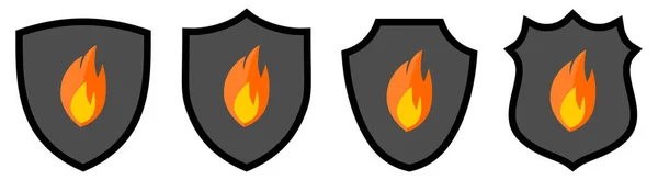 Icono Llama Naranja Dentro Del Escudo Diferentes Versiones Protección Contra — Archivo Imágenes Vectoriales