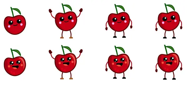 可爱的卡瓦风格的红色樱桃水果图标 睁开眼睛 手举高 挥手的版本 — 图库矢量图片