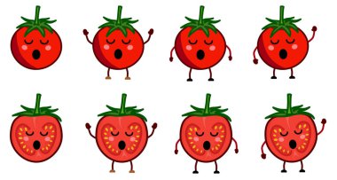 Şirin kawaii tarzı domates ikonu, gözleri kapalı, ağzı açık. Eller havada, aşağı ve el sallayan versiyonu