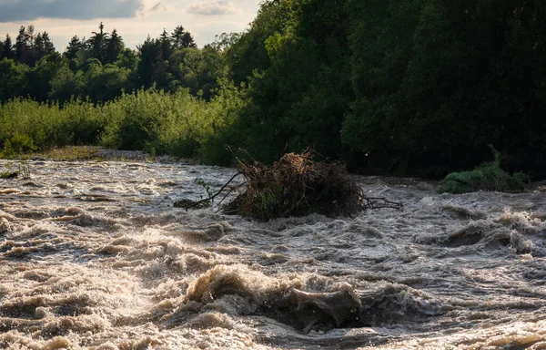 Sun Shines Dirty Flood Water Flowing Rapidly River Taking Some — Stock Photo, Image