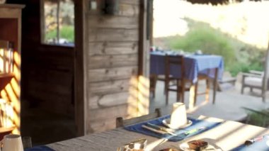 Sabah güneşi boş tabak lar ve kahve fincanları, ortasında cam şurubu pot, sabah kahvaltısı için hazır, arka planda bulanık yeşil yeşillik - tropikal tatil köyü ile masada parlar