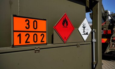 Yanıcı ve tehlikeli - tehlikeli deniz kirletici madde - askeri benzinin kahverengi yeşil metal tarafında ya da yakıt depolama aracı