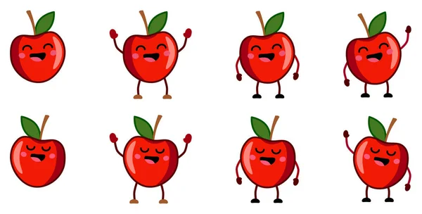 可爱的卡瓦风格的红色苹果水果图标 眼睛闭上 笑着张开嘴 手举高 挥手的版本 — 图库矢量图片